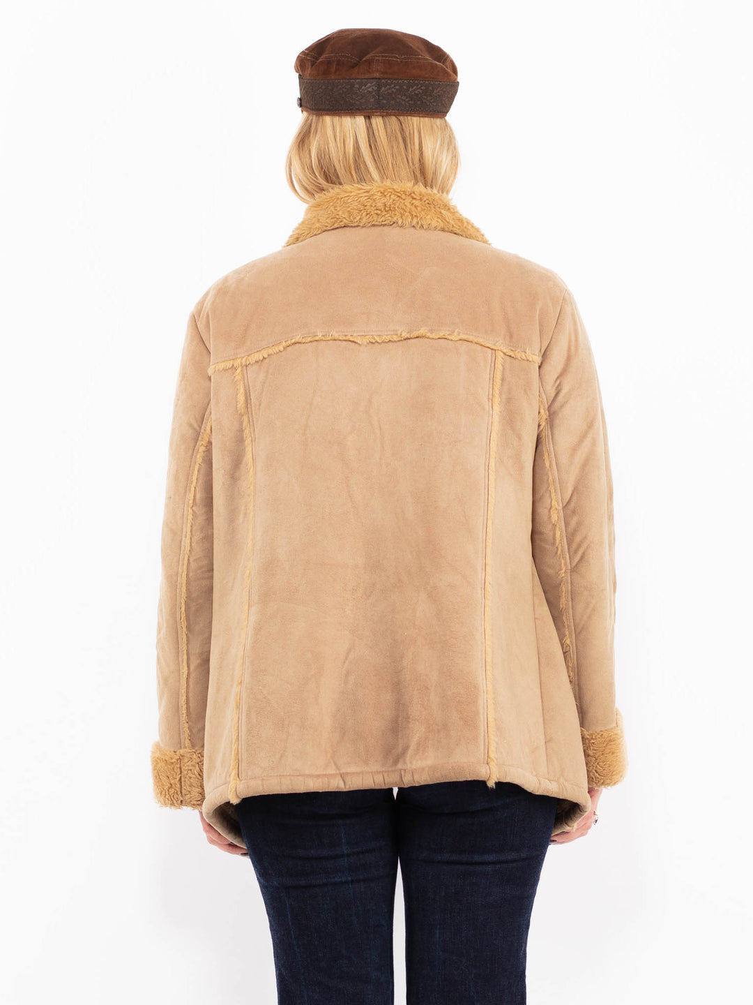 Vintage 90's Women Faux Sheepskin Coat in Beige