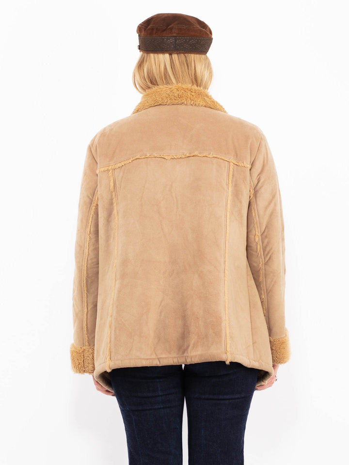 Vintage 90's Women Faux Sheepskin Coat in Beige