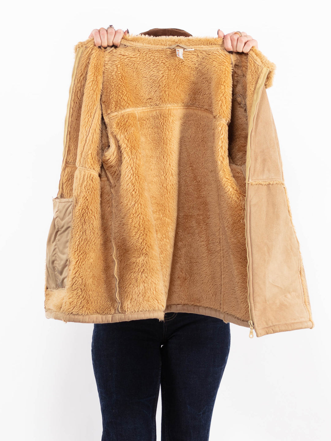 Vintage 90's Women Faux Sheepskin Coat in Beige