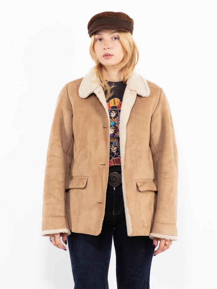 Vintage 90's Women Faux Sheepskin Jacket in Beige