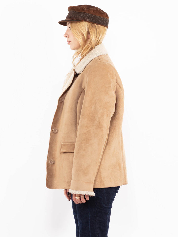 Vintage 90's Women Faux Sheepskin Jacket in Beige