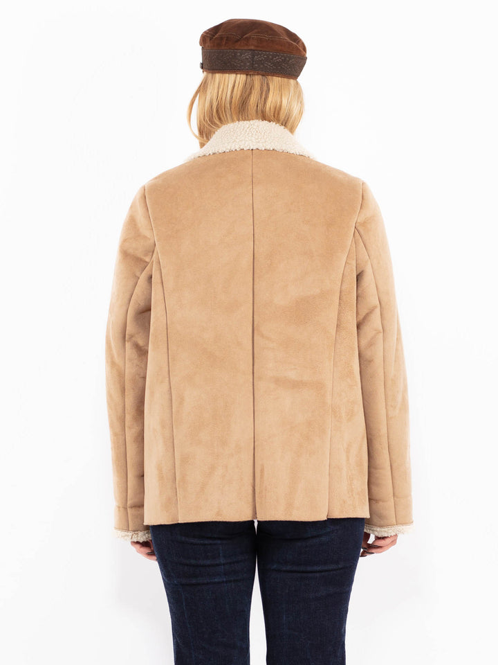 Vintage 90's Women Faux Sheepskin Jacket in Beige