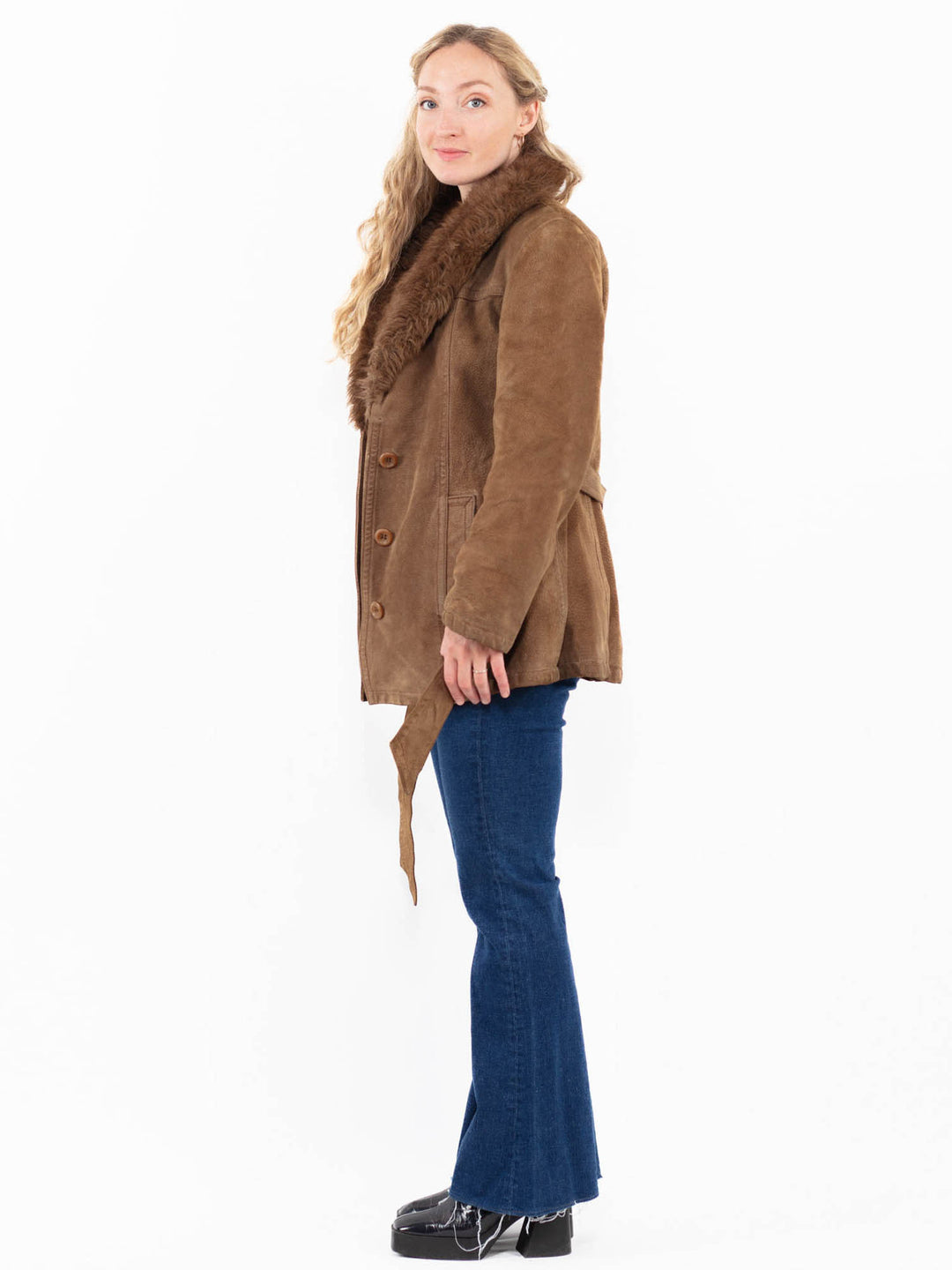 Vintage 70's Women Suede Sherpa Jacket in Beige