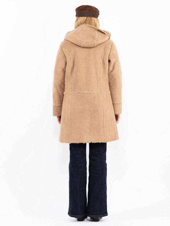 Vintage 90's Women Faux Sheepskin Coat in Beige