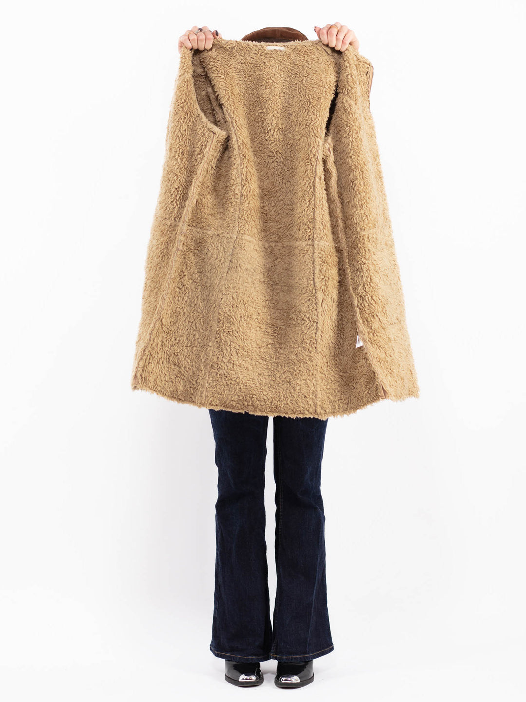 Vintage 90's Women Faux Sheepskin Coat in Beige