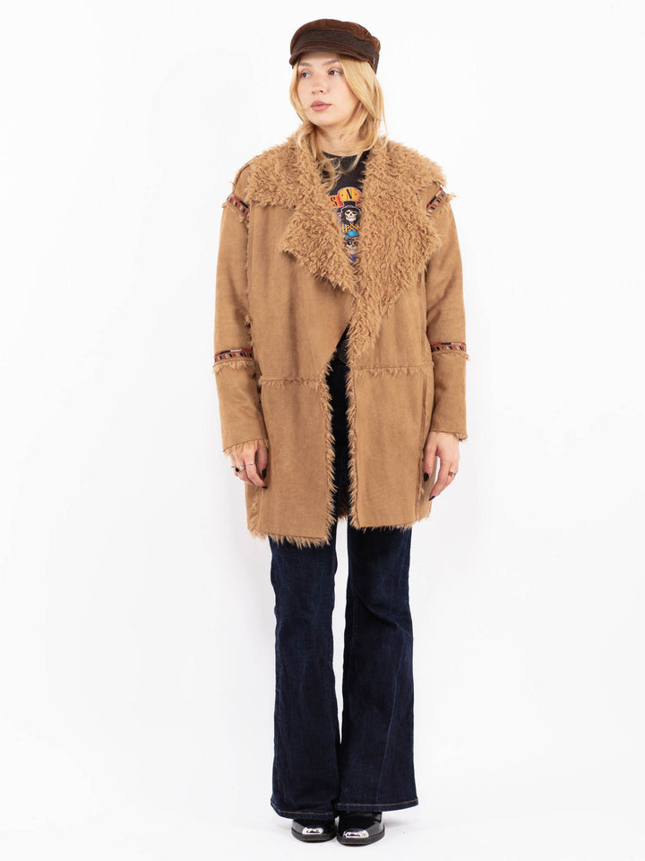 Vintage 00's Penny Lane Faux Sheepskin Coat in Beige