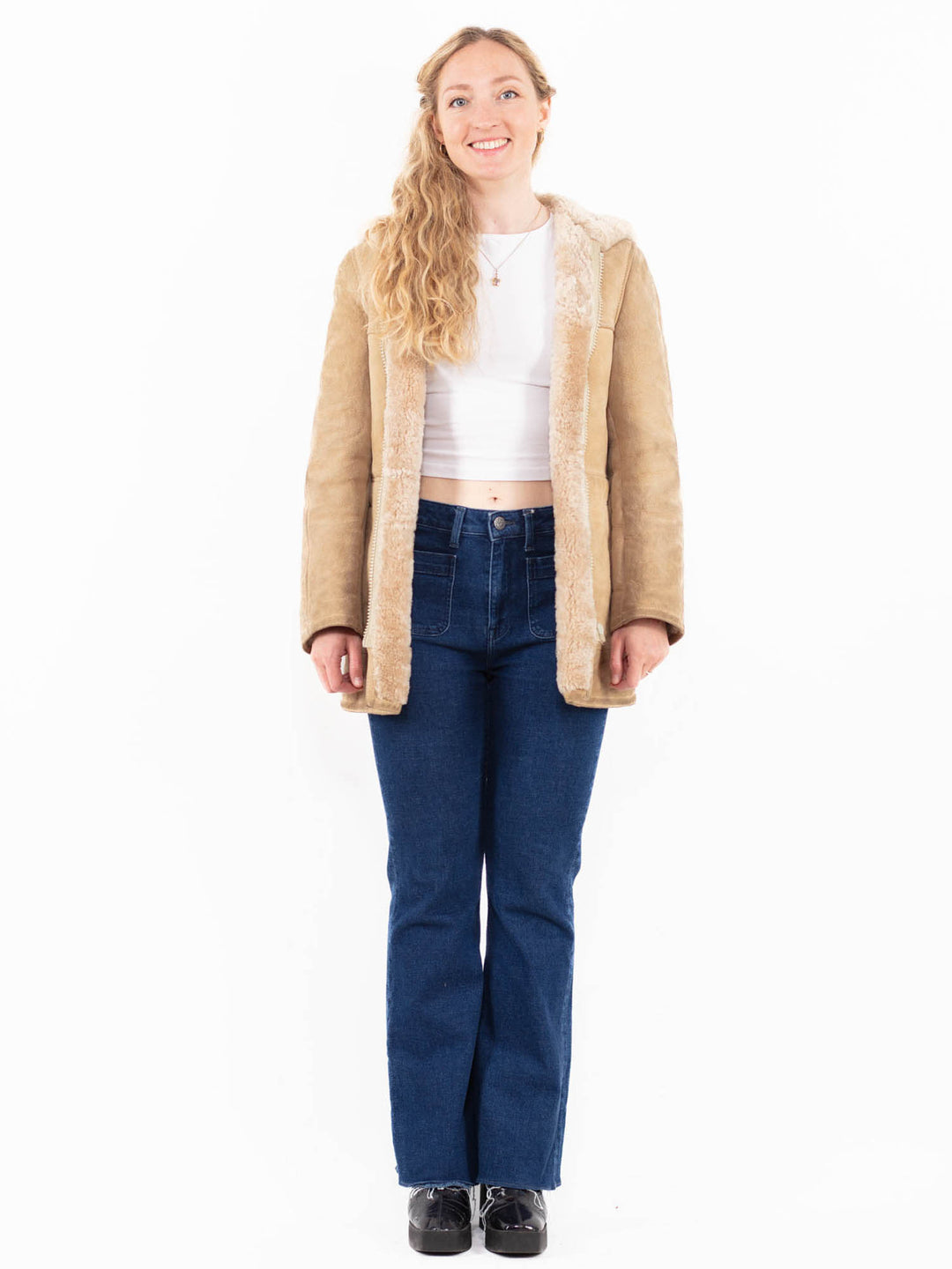 Vintage 90's Women Sheepskin Coat in Beige