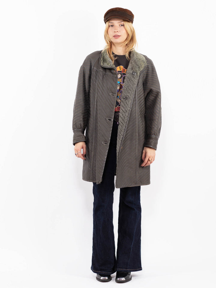 Vintage 80's Women Striped Sheepskin Coat in Gray