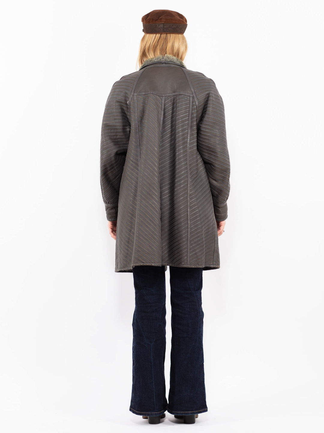 Vintage 80's Women Striped Sheepskin Coat in Gray