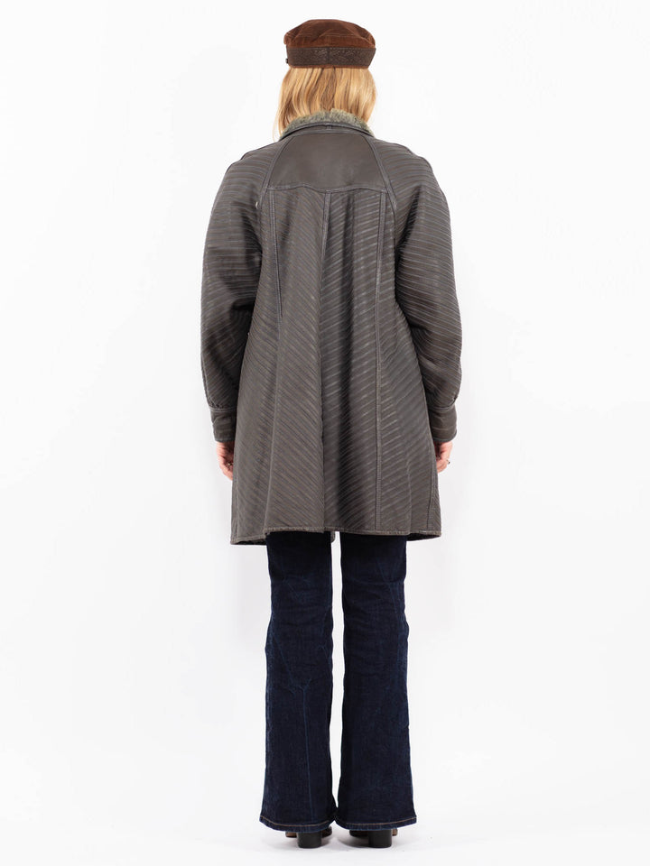 Vintage 80's Women Striped Sheepskin Coat in Gray