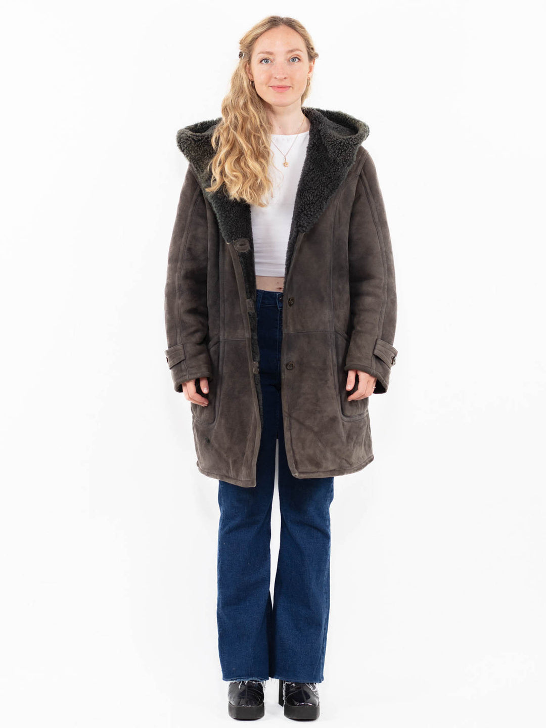 Vintage 90's Women Hooded Sheepskin Coat in Gray