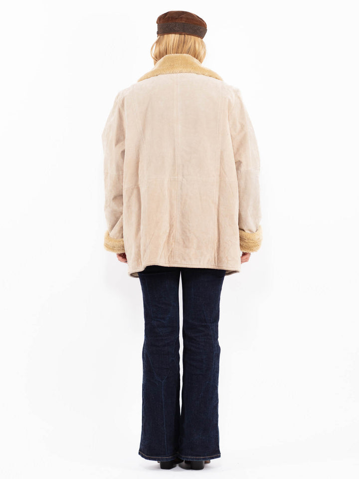 Vintage 90's Women Suede Sherpa Coat in Beige