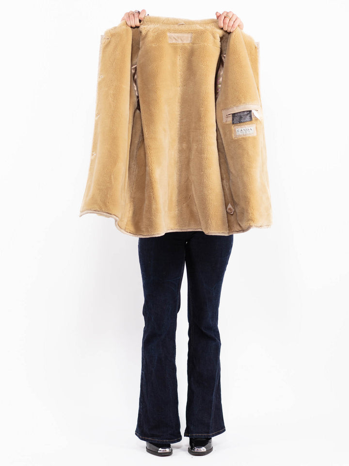 Vintage 90's Women Suede Sherpa Coat in Beige