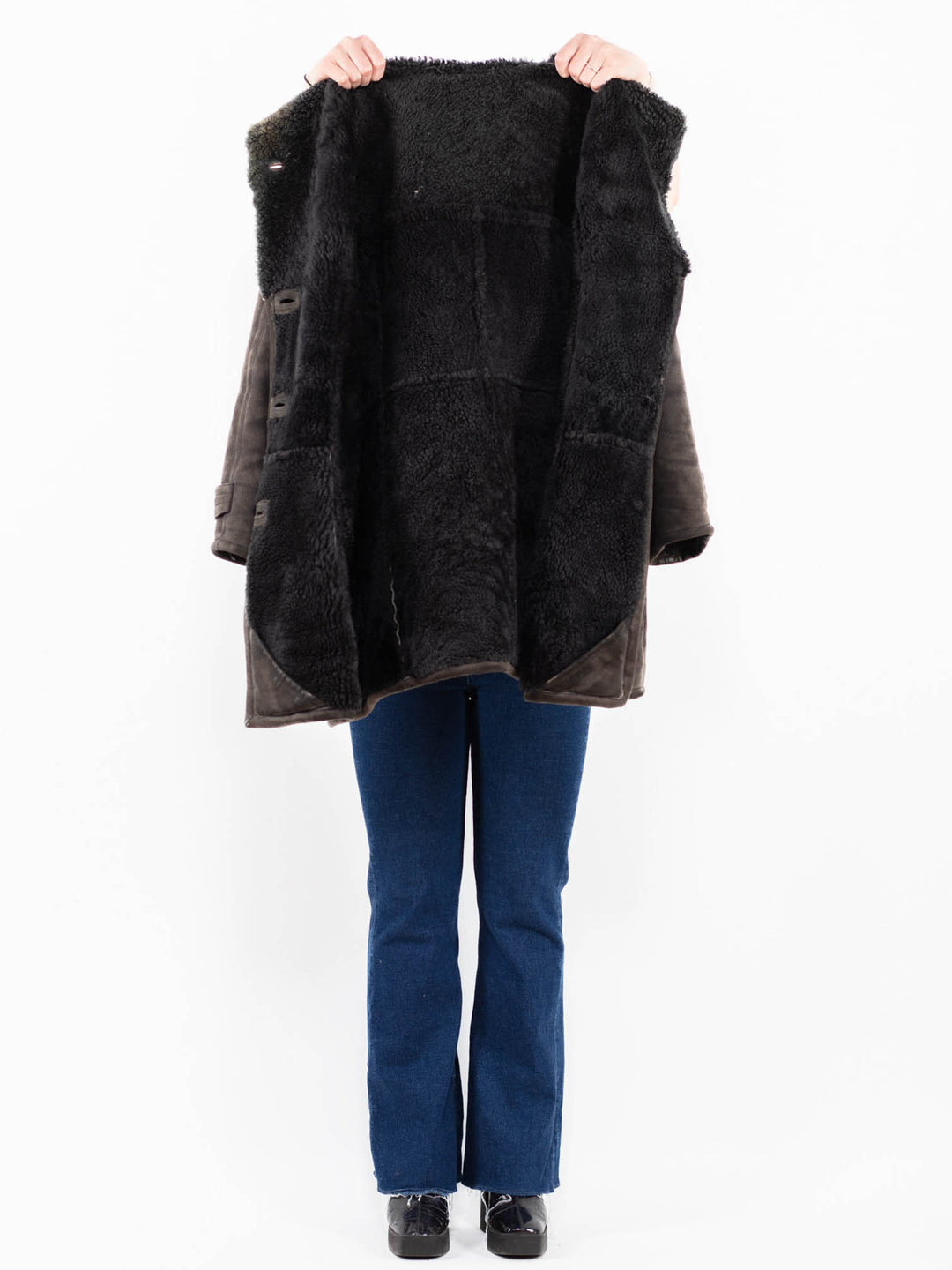 Vintage 90's Women Hooded Sheepskin Coat in Gray