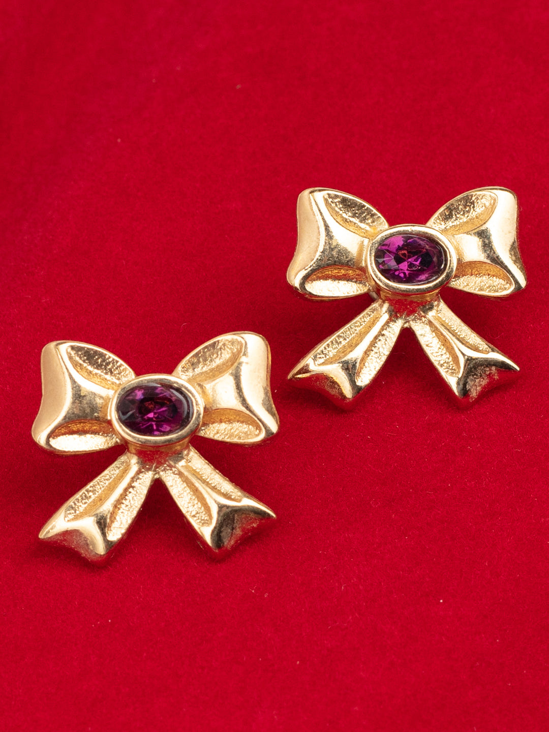Vintage 80s Bow Earrings with Purple Glass Stone Center