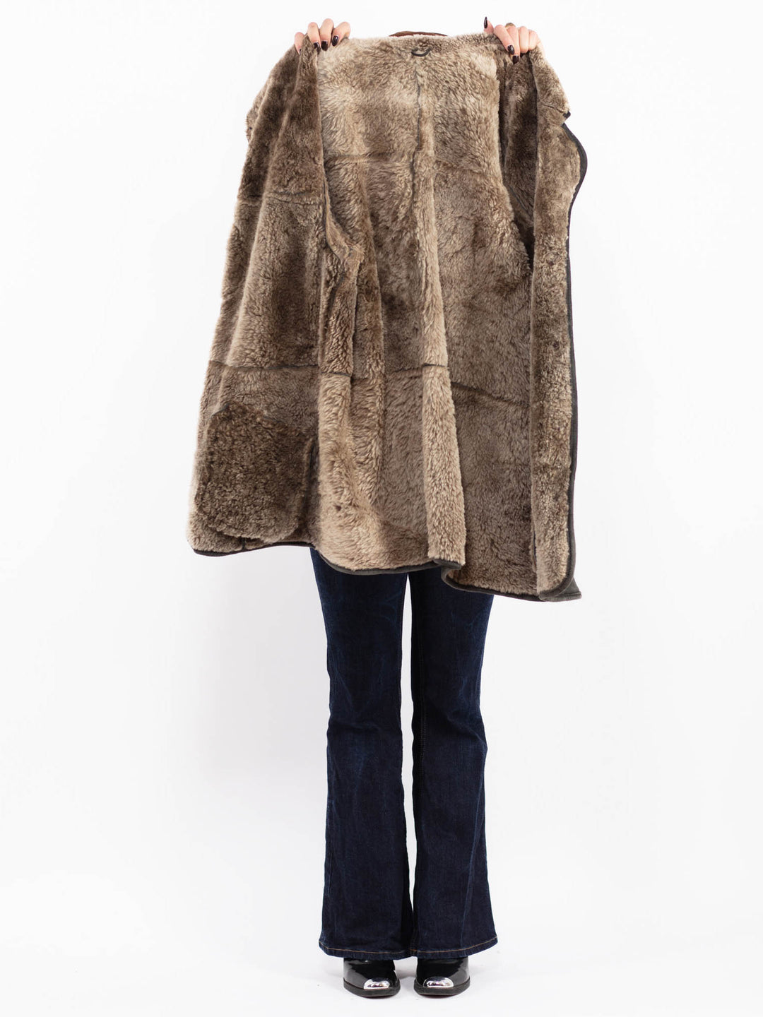 Vintage 90's Women Faded Sheepskin Coat in Black