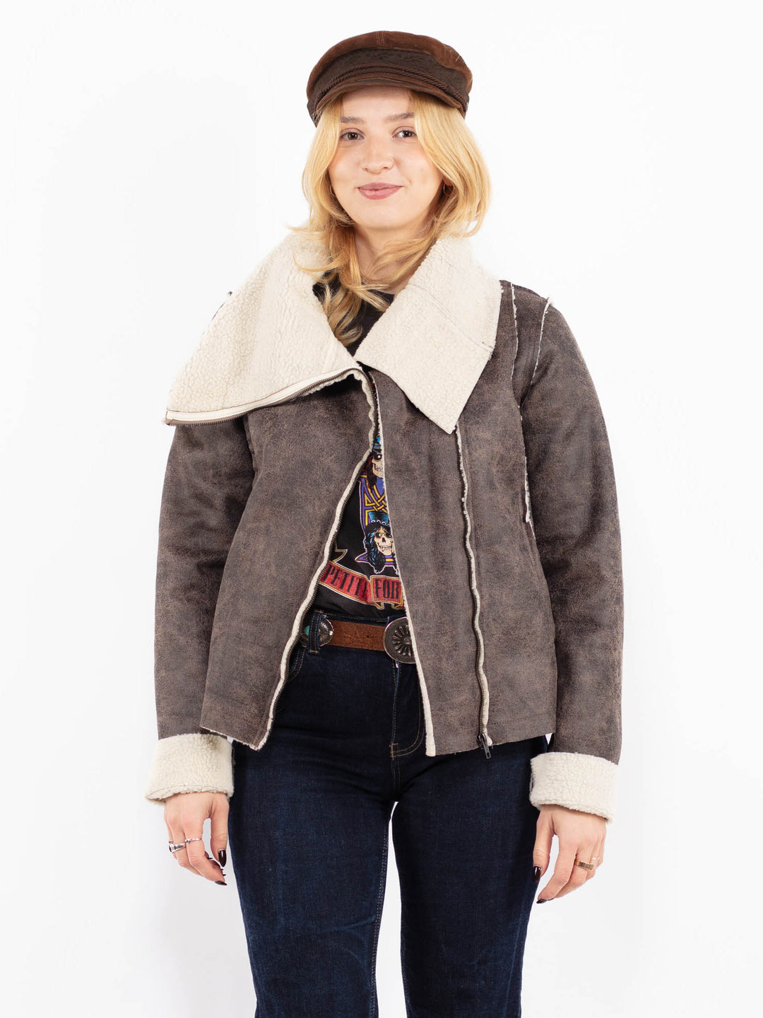 Vintage 00's Women Faux Sheepskin Jacket in Brown