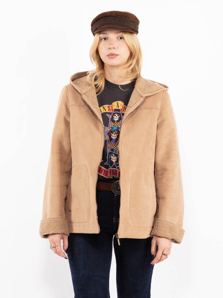 Vintage 00's Women Hooded Sherpa Jacket in Beige
