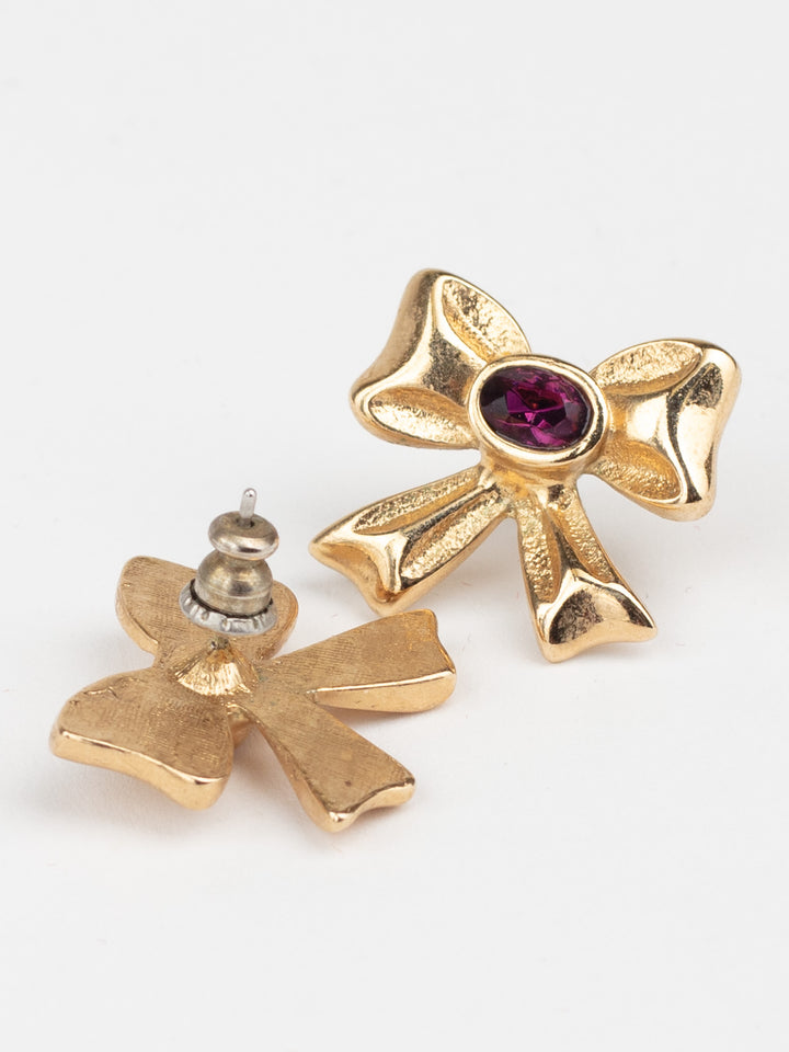 Vintage 80s Bow Earrings with Purple Glass Stone Center