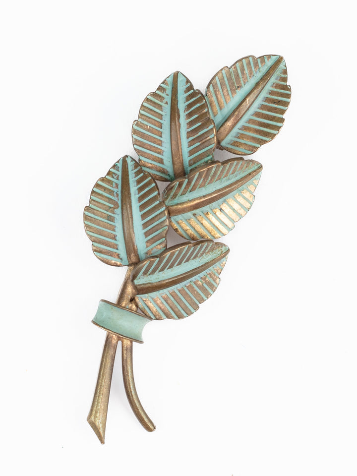Vintage 50s Leaf Brooch with Pale Green Accents