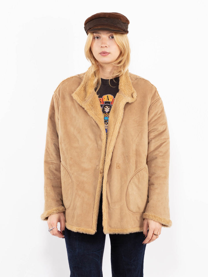 Vintage 90's Women Faux Sheepskin Jacket in Beige