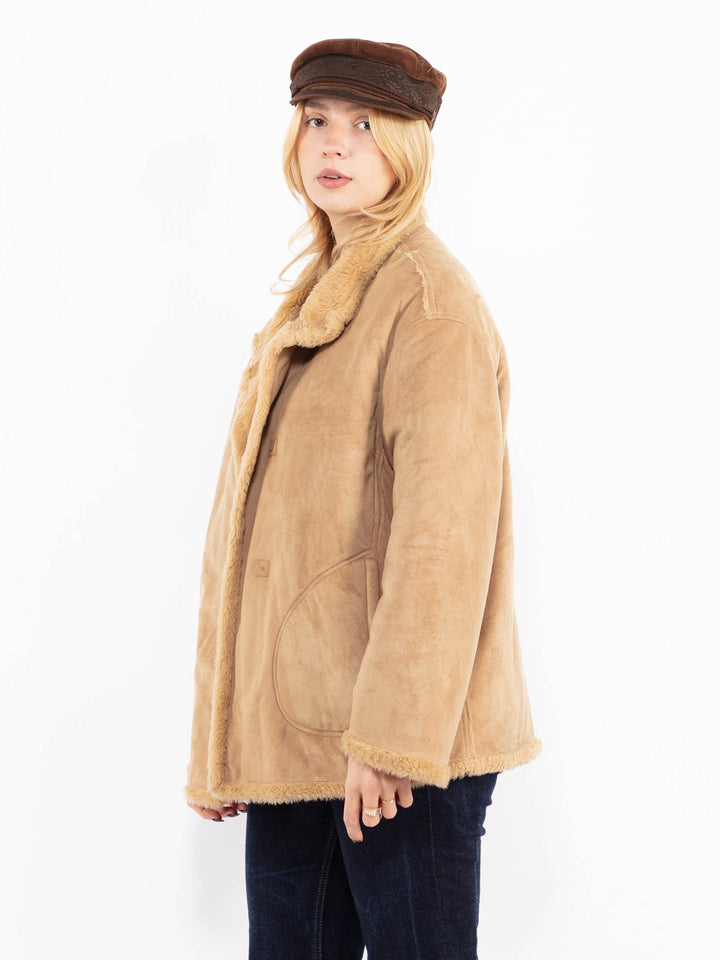 Vintage 90's Women Faux Sheepskin Jacket in Beige