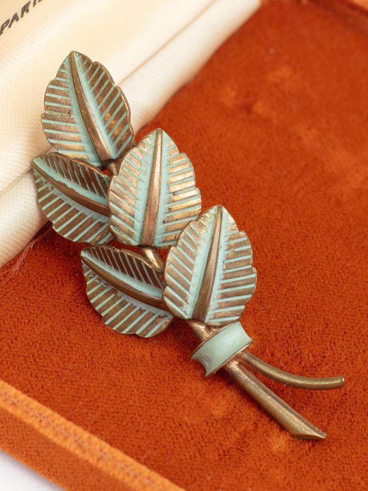 Vintage 50s Leaf Brooch with Pale Green Accents