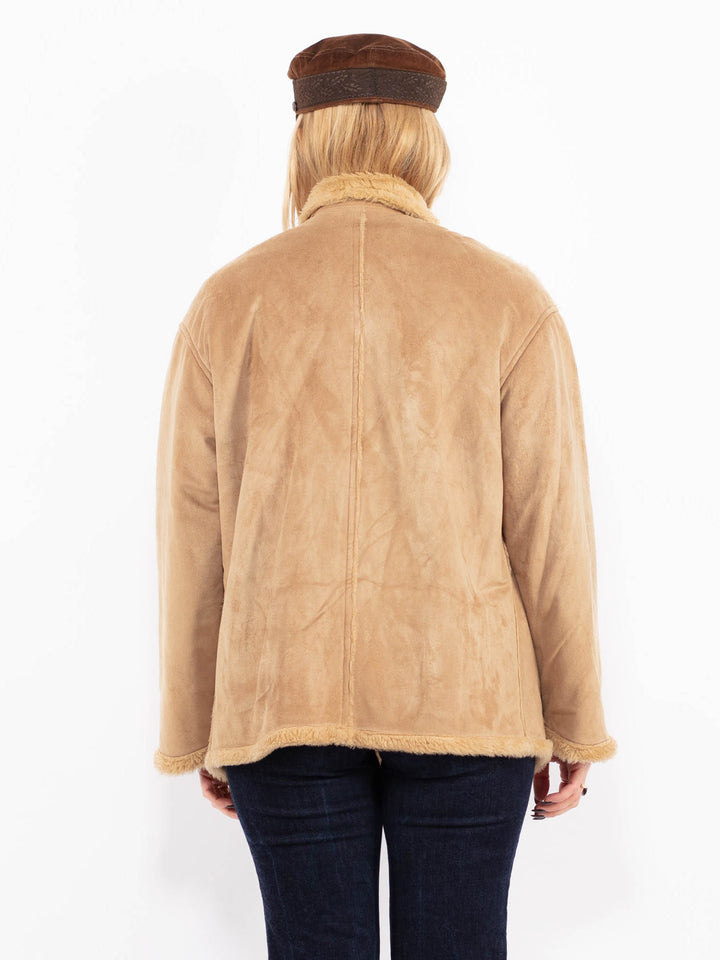 Vintage 90's Women Faux Sheepskin Jacket in Beige