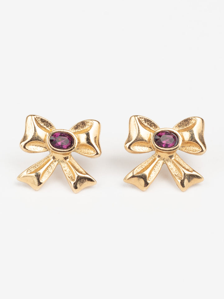 Vintage 80s Bow Earrings with Purple Glass Stone Center