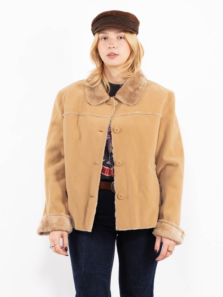 Vintage 90's Women Faux Sheepskin Jacket in Beige