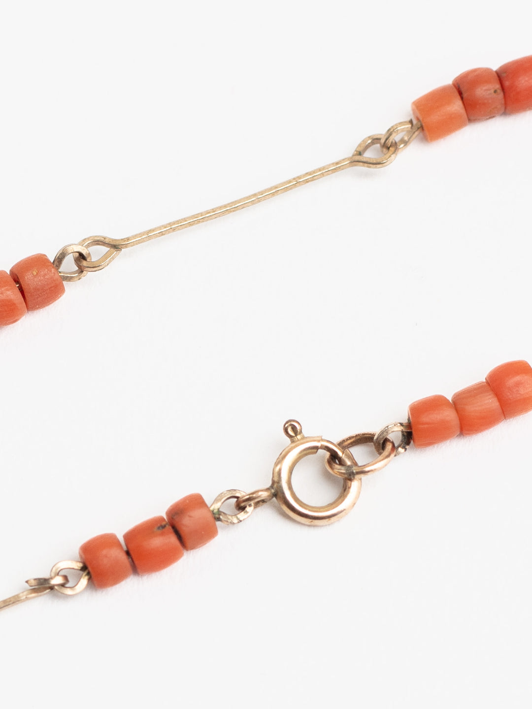 Antique 20s Salmon Coral Bead Necklace with Gold-Tone Bars