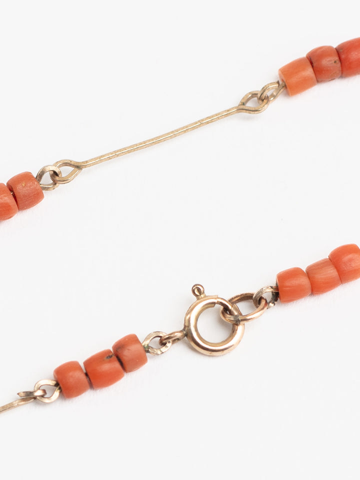 Antique 20s Salmon Coral Bead Necklace with Gold-Tone Bars