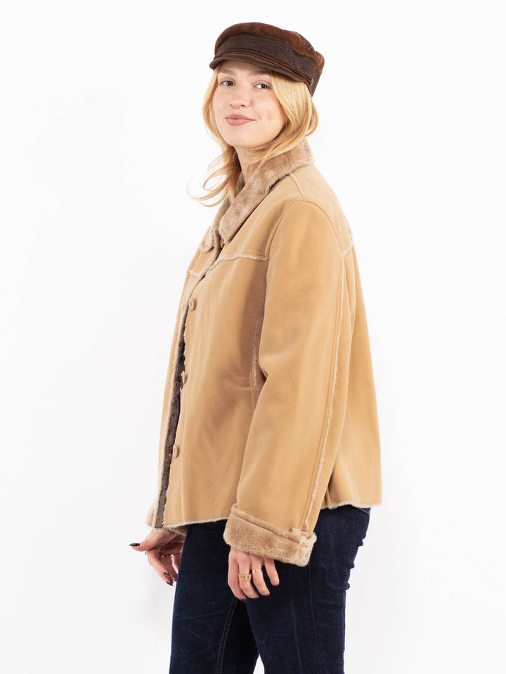 Vintage 90's Women Faux Sheepskin Jacket in Beige