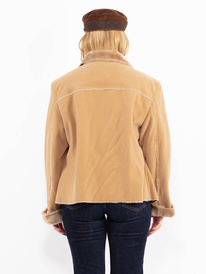 Vintage 90's Women Faux Sheepskin Jacket in Beige