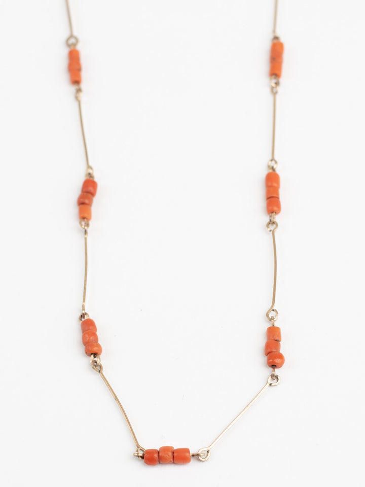 Antique 20s Salmon Coral Bead Necklace with Gold-Tone Bars