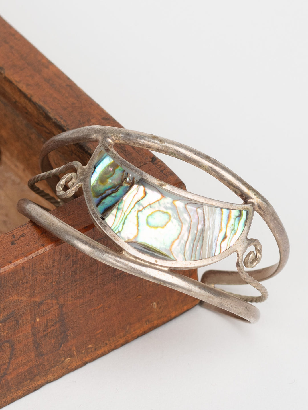 Vintage 70s Abalone Inlay Cuff Bracelet with Silver-Tone Wire Frame