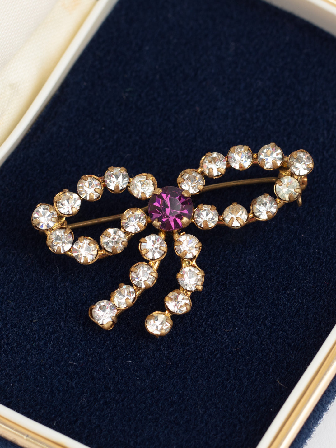 Vintage 50s Rhinestone Bow Brooch with Purple Center