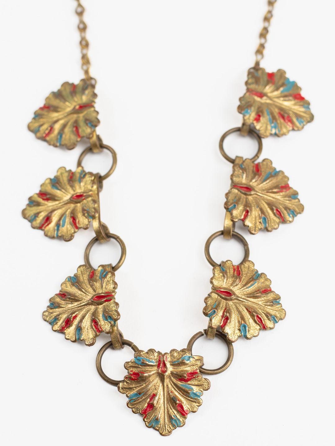 Vintage 30s Art Deco Leaf Necklace with Red and Blue Accents