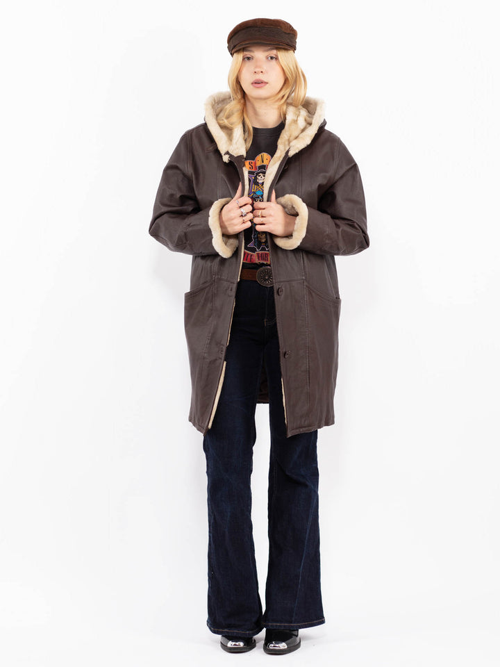 Vintage 90's Women Hooded Leather Sherpa Coat in Brown