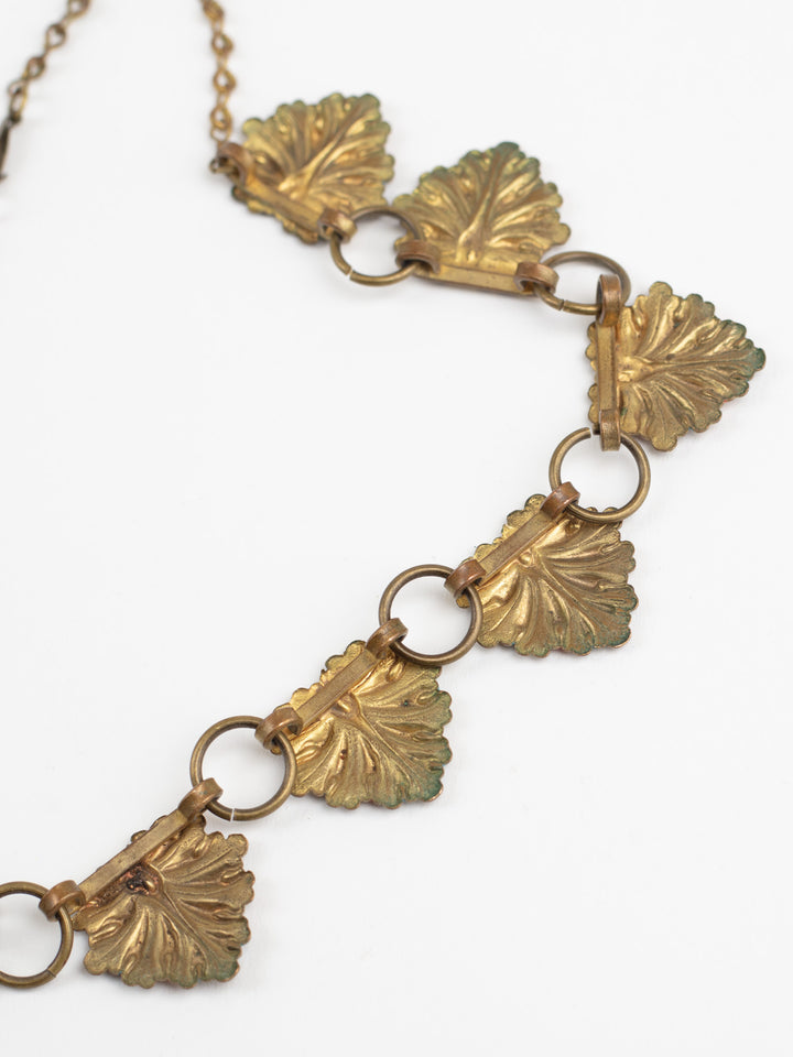 Vintage 30s Art Deco Leaf Necklace with Red and Blue Accents