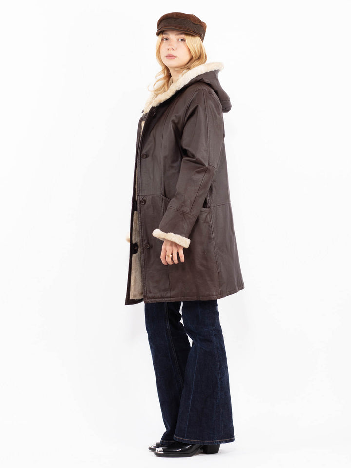 Vintage 90's Women Hooded Leather Sherpa Coat in Brown