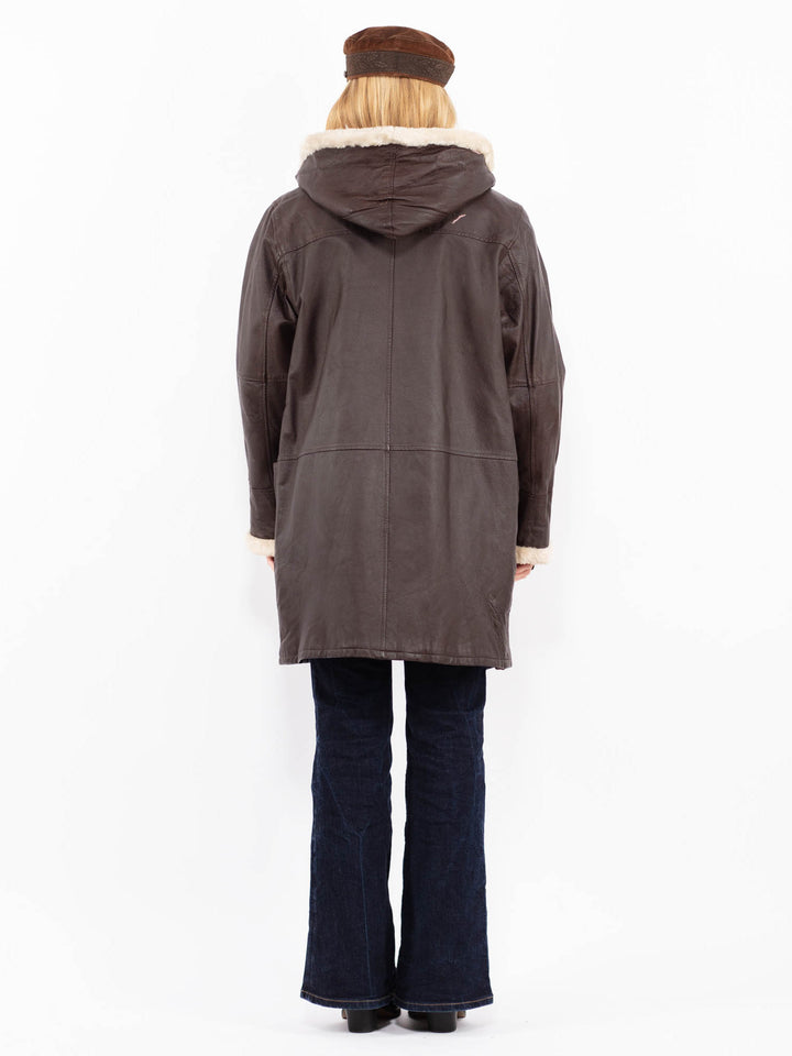 Vintage 90's Women Hooded Leather Sherpa Coat in Brown
