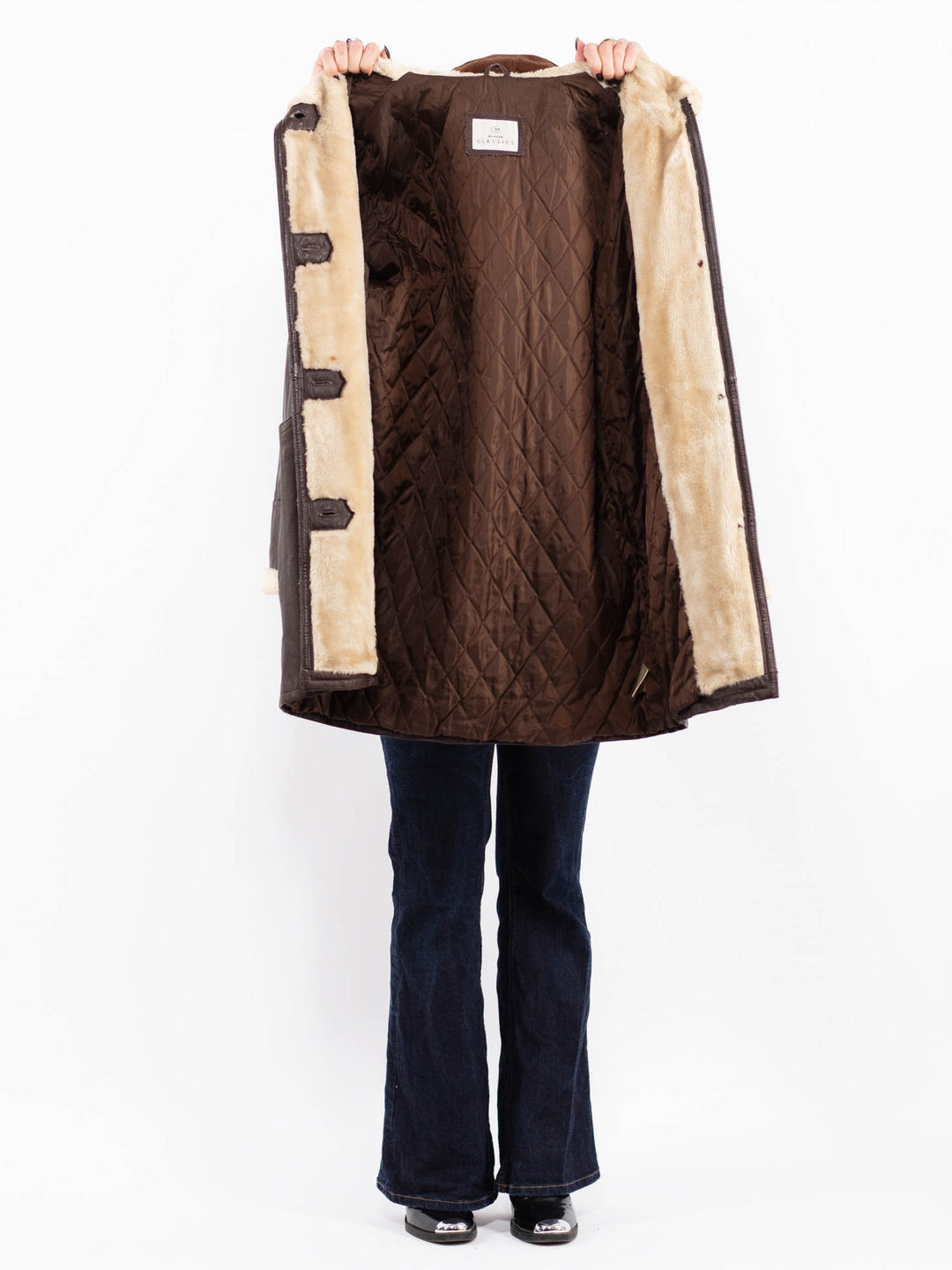 Vintage 90's Women Hooded Leather Sherpa Coat in Brown