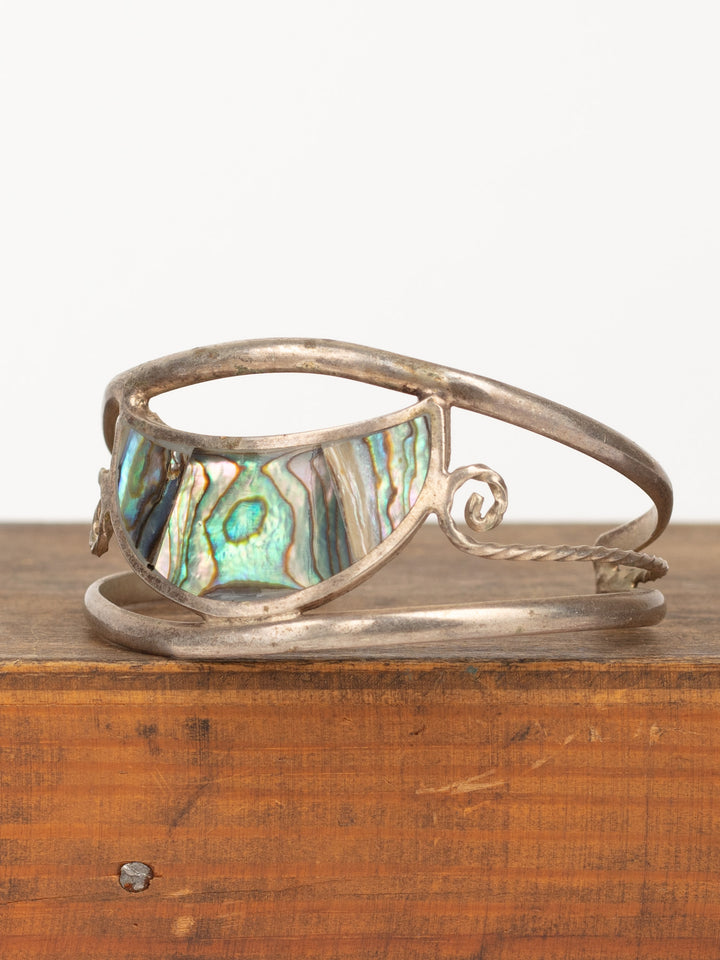 Vintage 70s Abalone Inlay Cuff Bracelet with Silver-Tone Wire Frame
