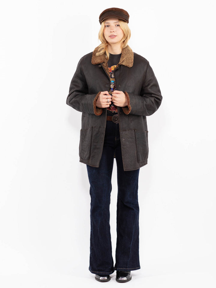 Vintage 90's Women Sheepskin Leather Coat in Brown