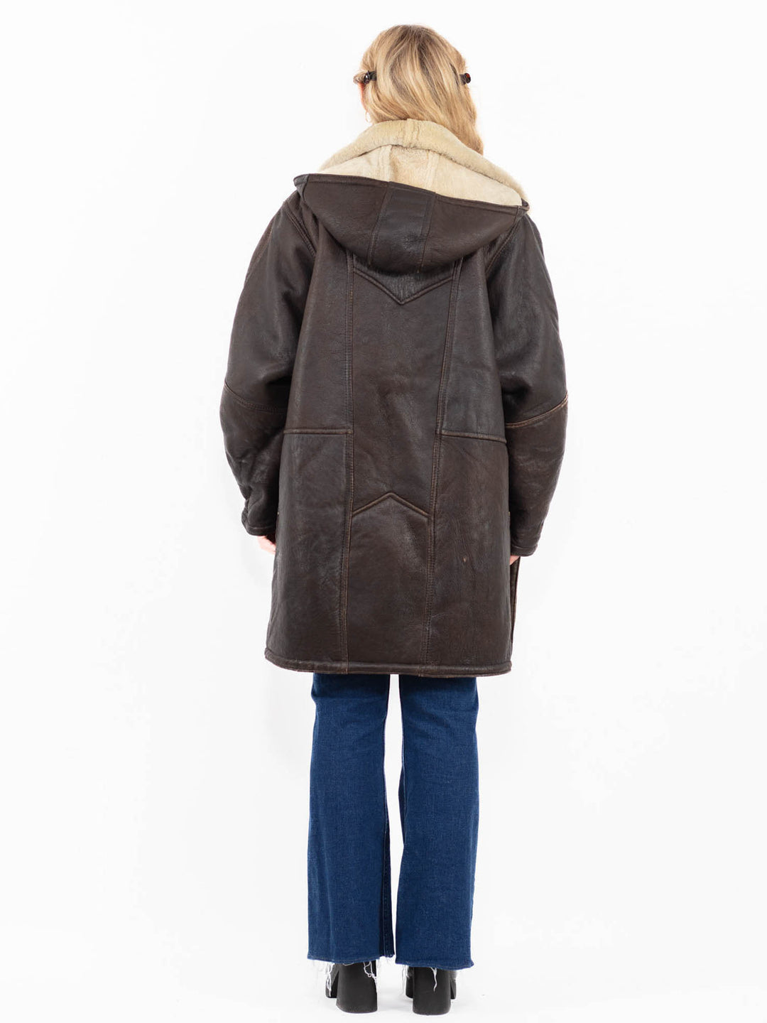 Vintage 90's Women Hooded Sheepskin Coat in Brown