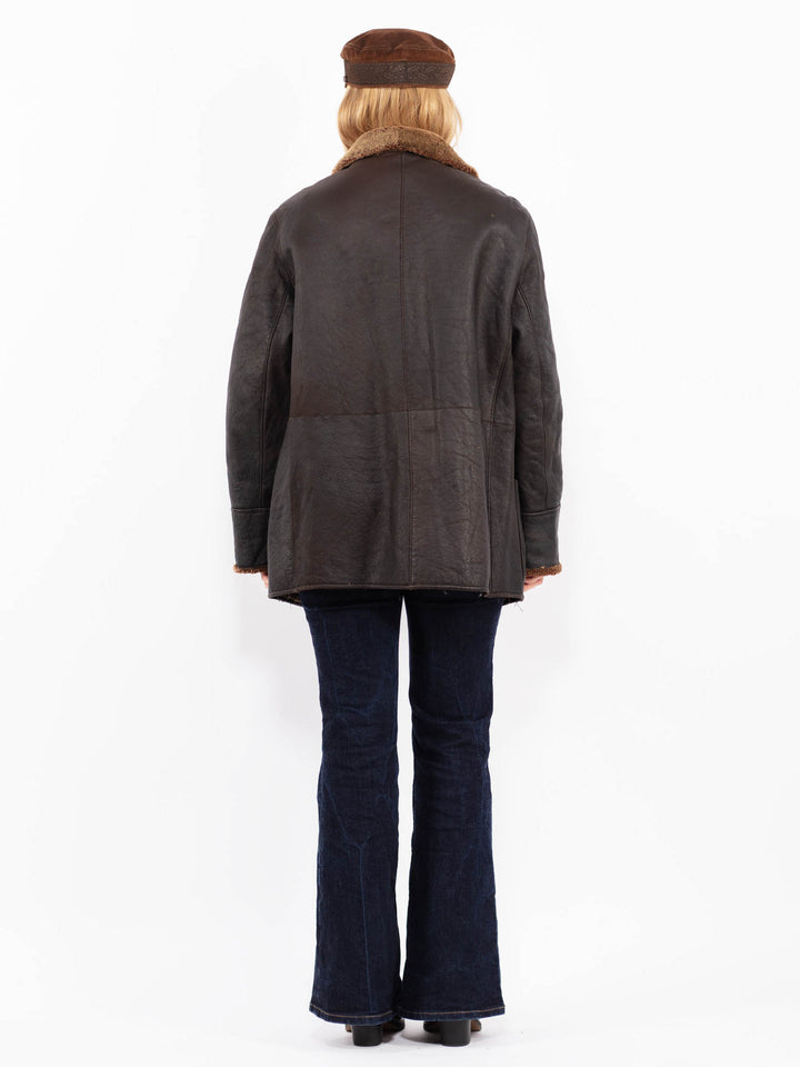 Vintage 90's Women Sheepskin Leather Coat in Brown