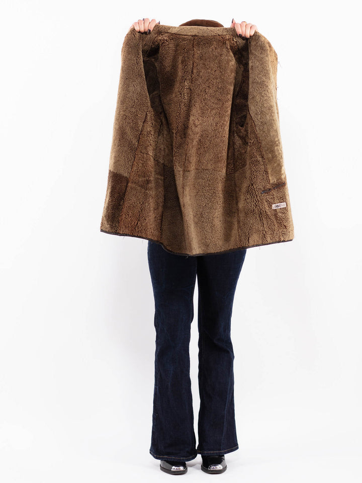 Vintage 90's Women Sheepskin Leather Coat in Brown