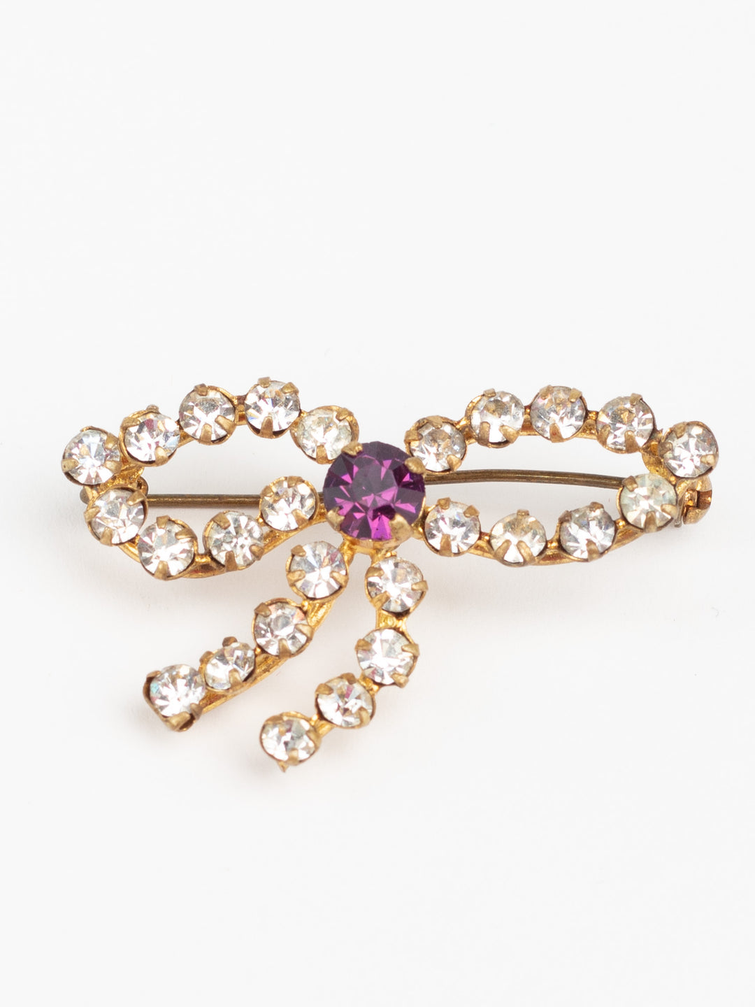 Vintage 50s Rhinestone Bow Brooch with Purple Center