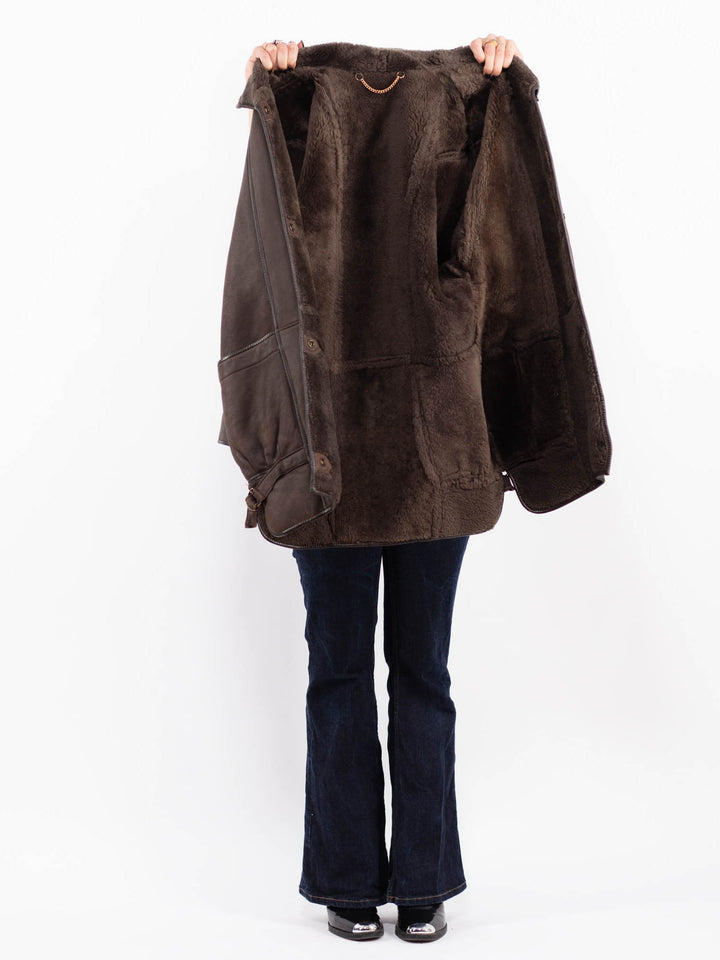 Vintage 80's Women Sheepskin Shearling Coat in Brown